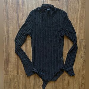Black Long Sleeve Ribbed Mesh Bodysuit Top- Medium